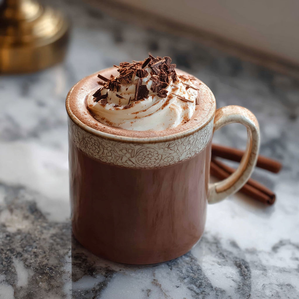 A cup of hot chocolate with whipped cream and chocolate chips.