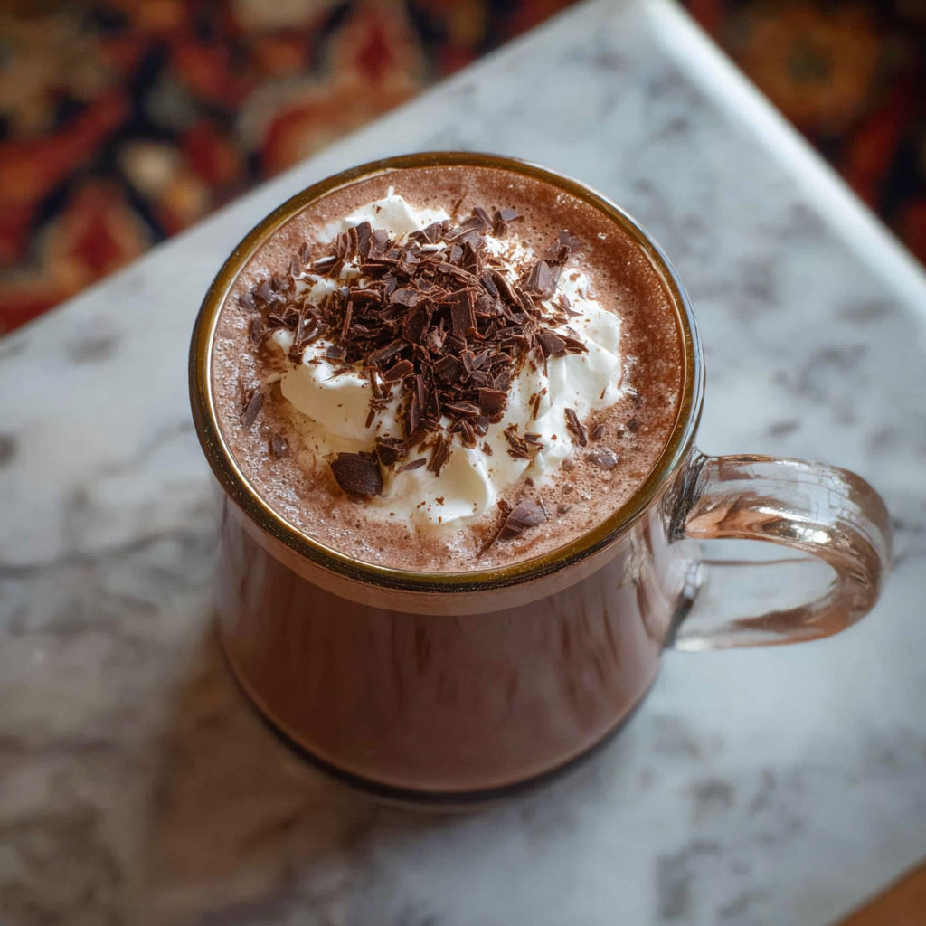 A cup of hot chocolate with whipped cream and chocolate chips.