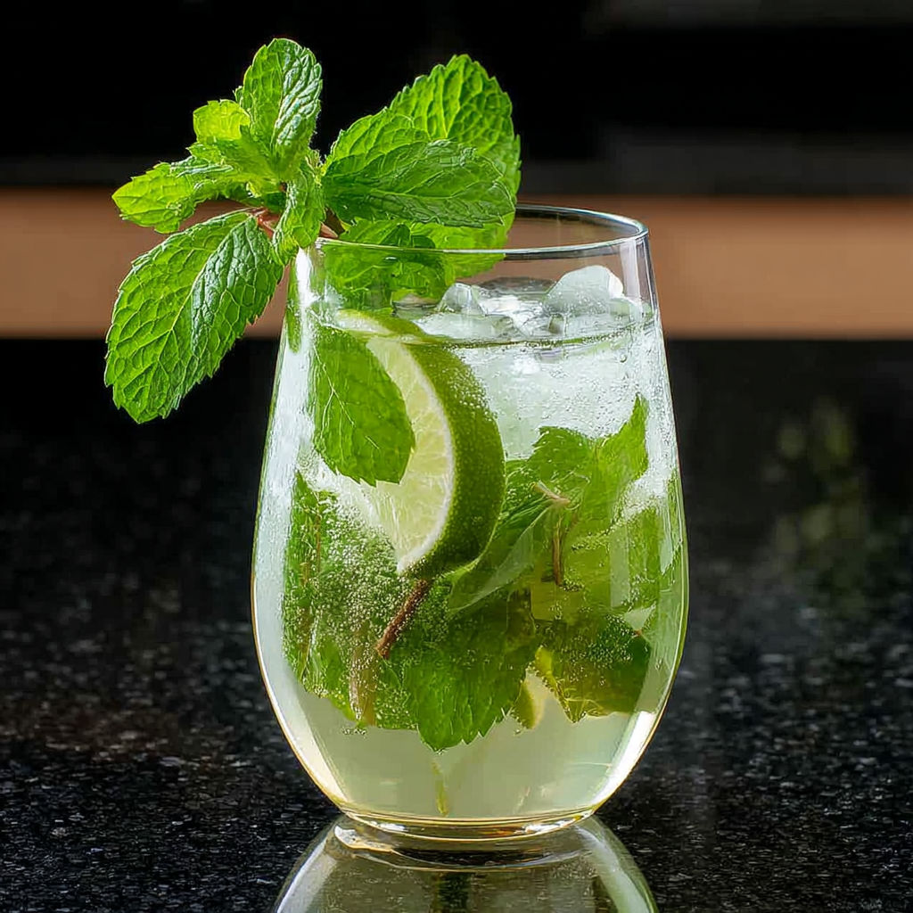 A glass of peppermint sparkling mojito cocktail.