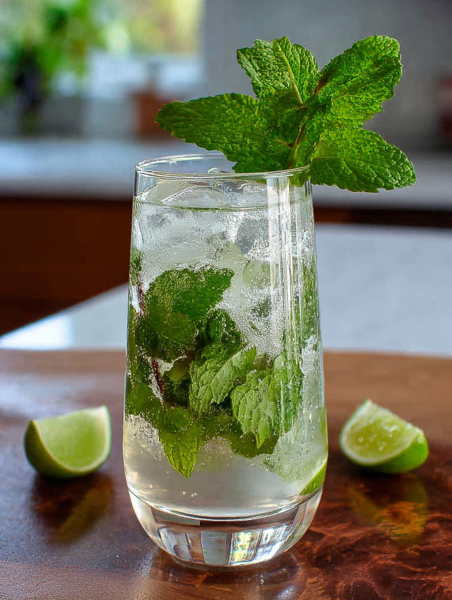 A glass of peppermint sparkling mojito cocktail.