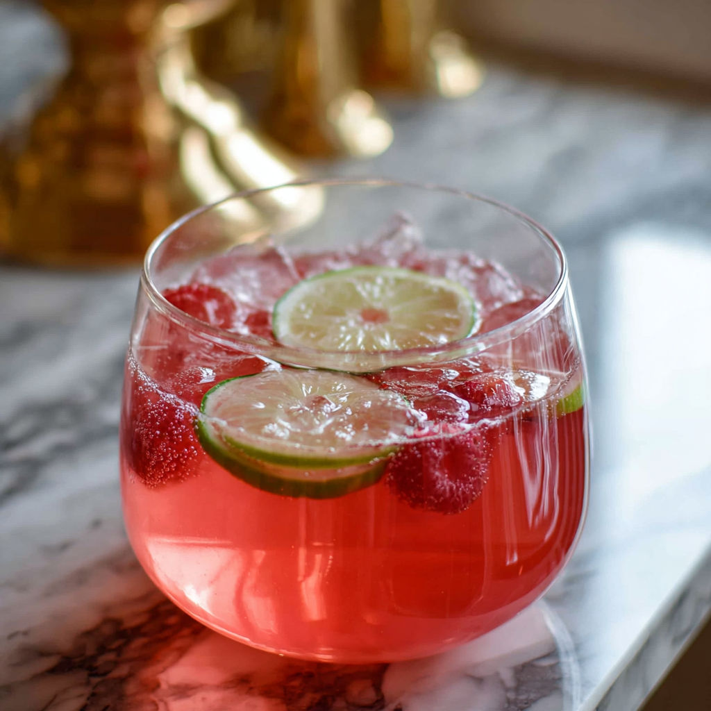 A glass of pink champagne punch cocktail with a slice of lime.