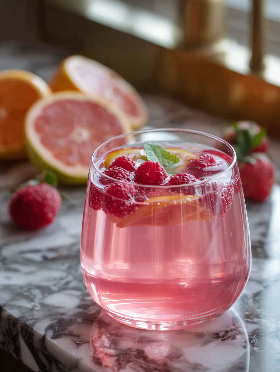 A glass of pink champagne punch cocktail with raspberries and oranges.