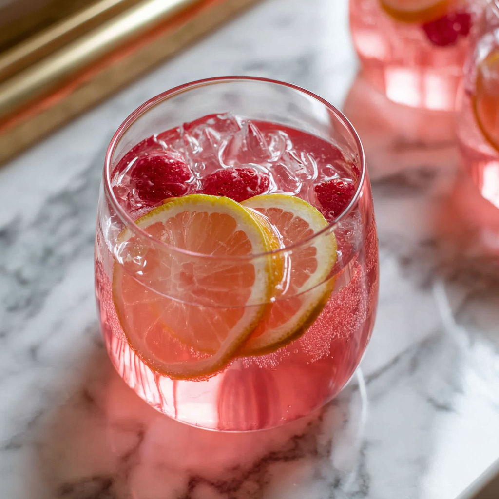 A glass of pink champagne punch cocktail with a slice of lemon.