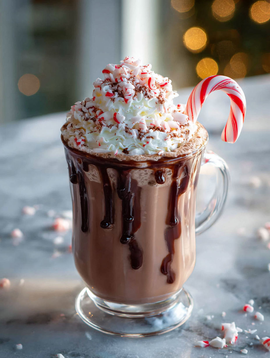 A glass of frozen peppermint hot chocolate cocktail.