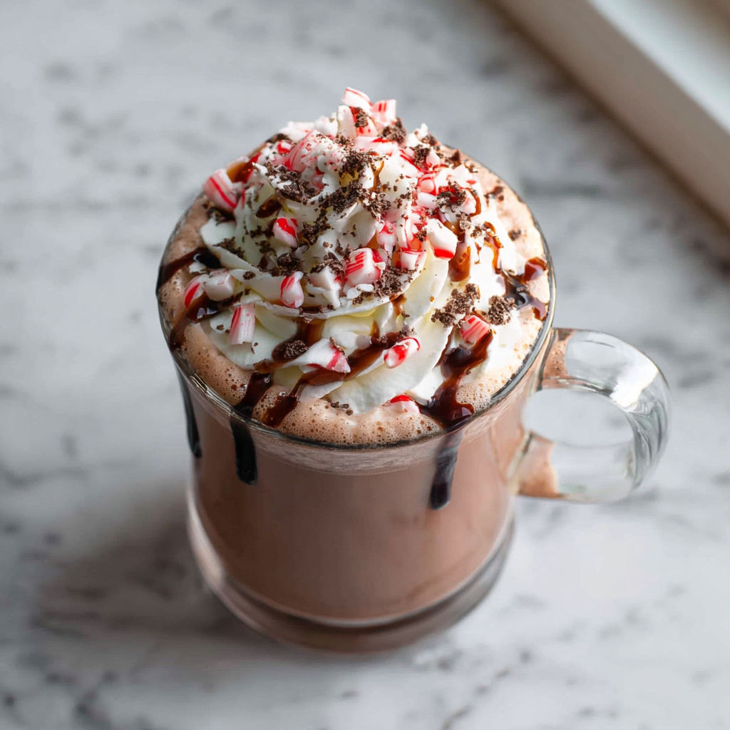 A glass of frozen peppermint hot chocolate cocktail.