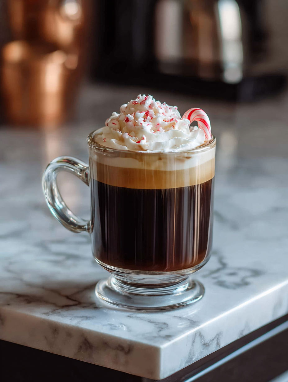 A glass of peppermint Irish coffee cocktail.