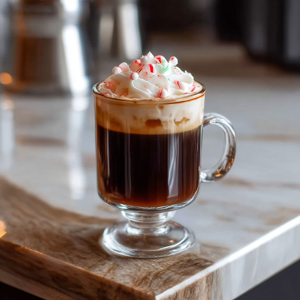 A glass of peppermint Irish coffee cocktail.