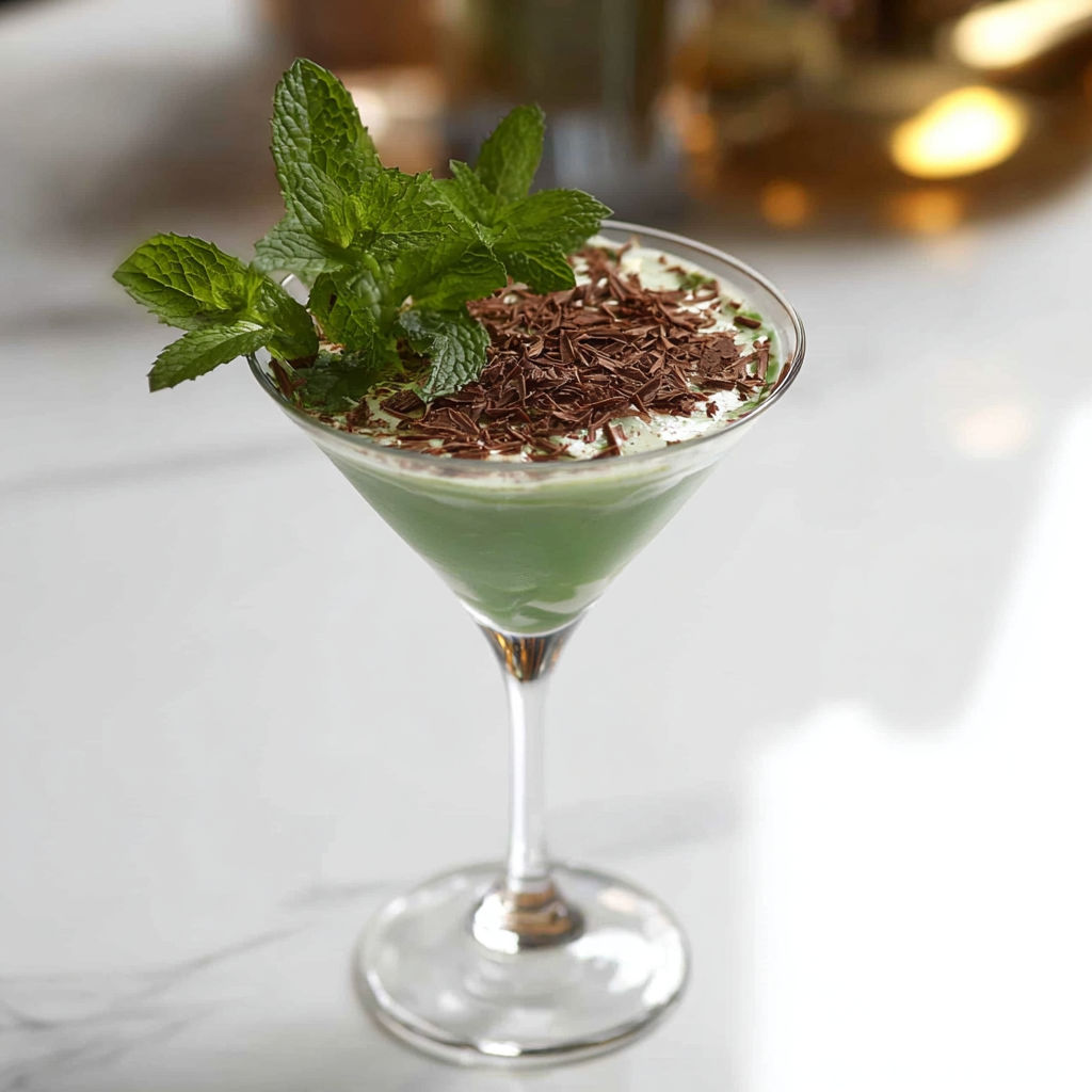 A martini glass with chocolate and mint.
