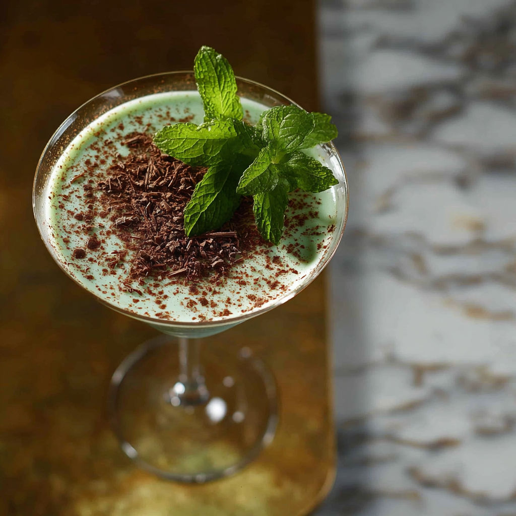 A martini glass with chocolate and mint.