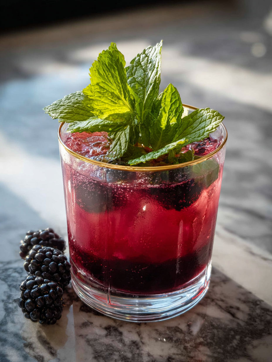 A glass of a Mint Blackberry Bramble Cocktail.