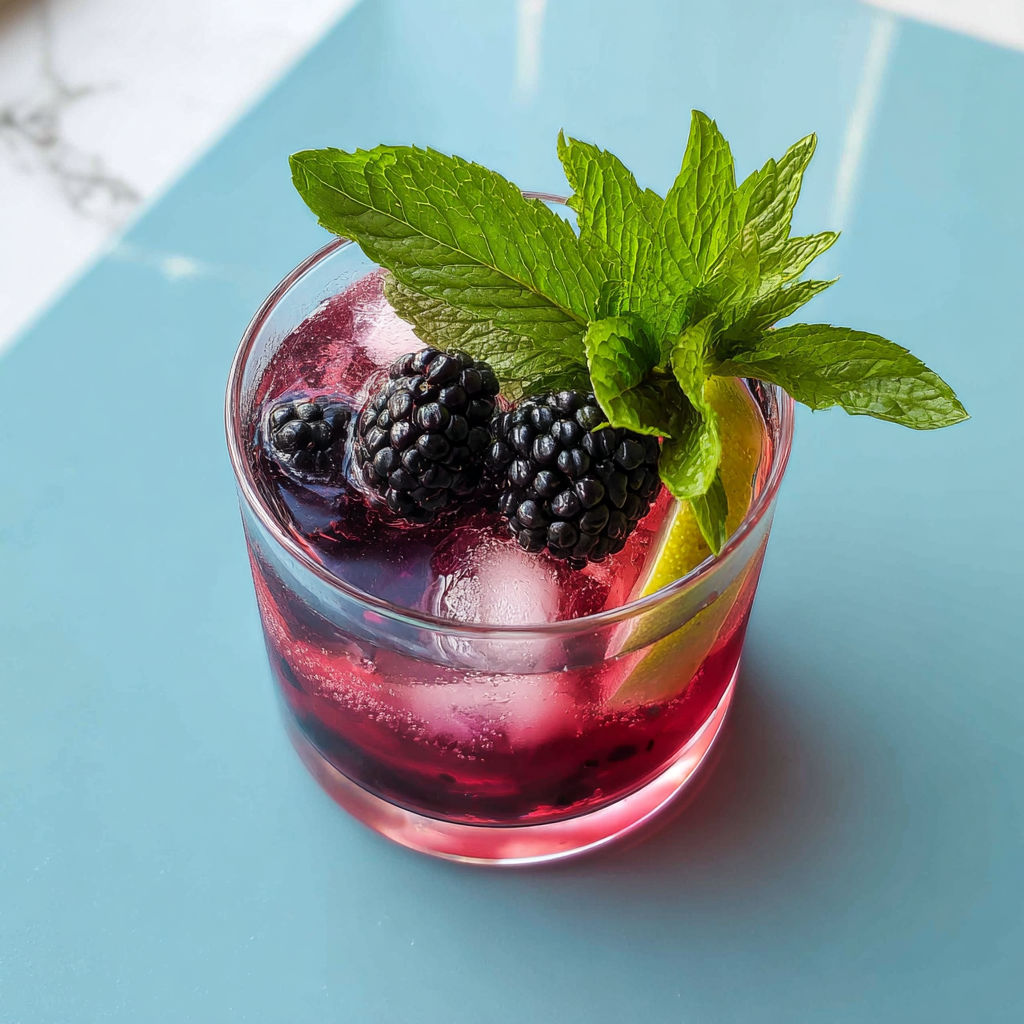 A glass of a blackberry bramble cocktail with a sprig of mint on top.