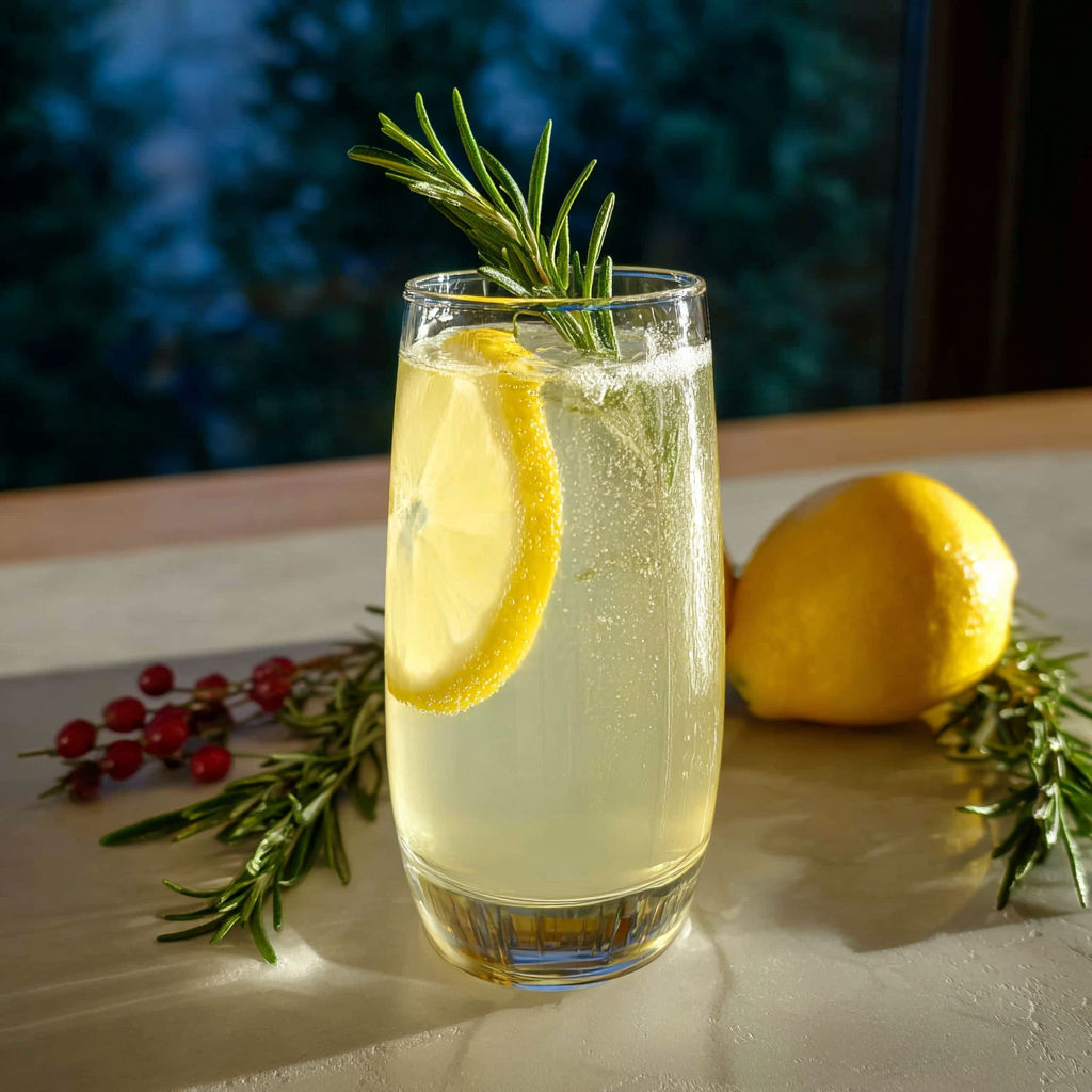 A glass of Limoncello Rosemary Collins Cocktail.