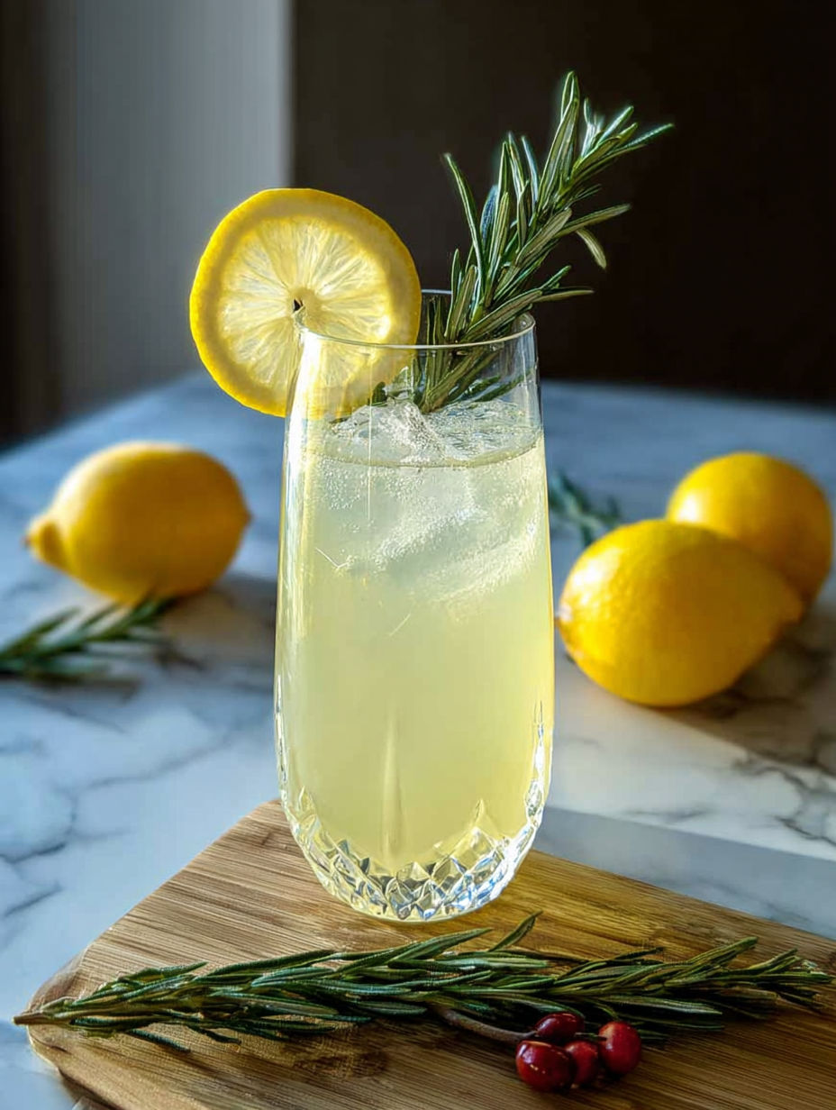 A glass of Limoncello Rosemary Collins Cocktail.