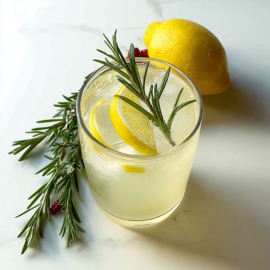 A glass of Limoncello Rosemary Collins Cocktail with a lemon wedge and a sprig of rosemary.