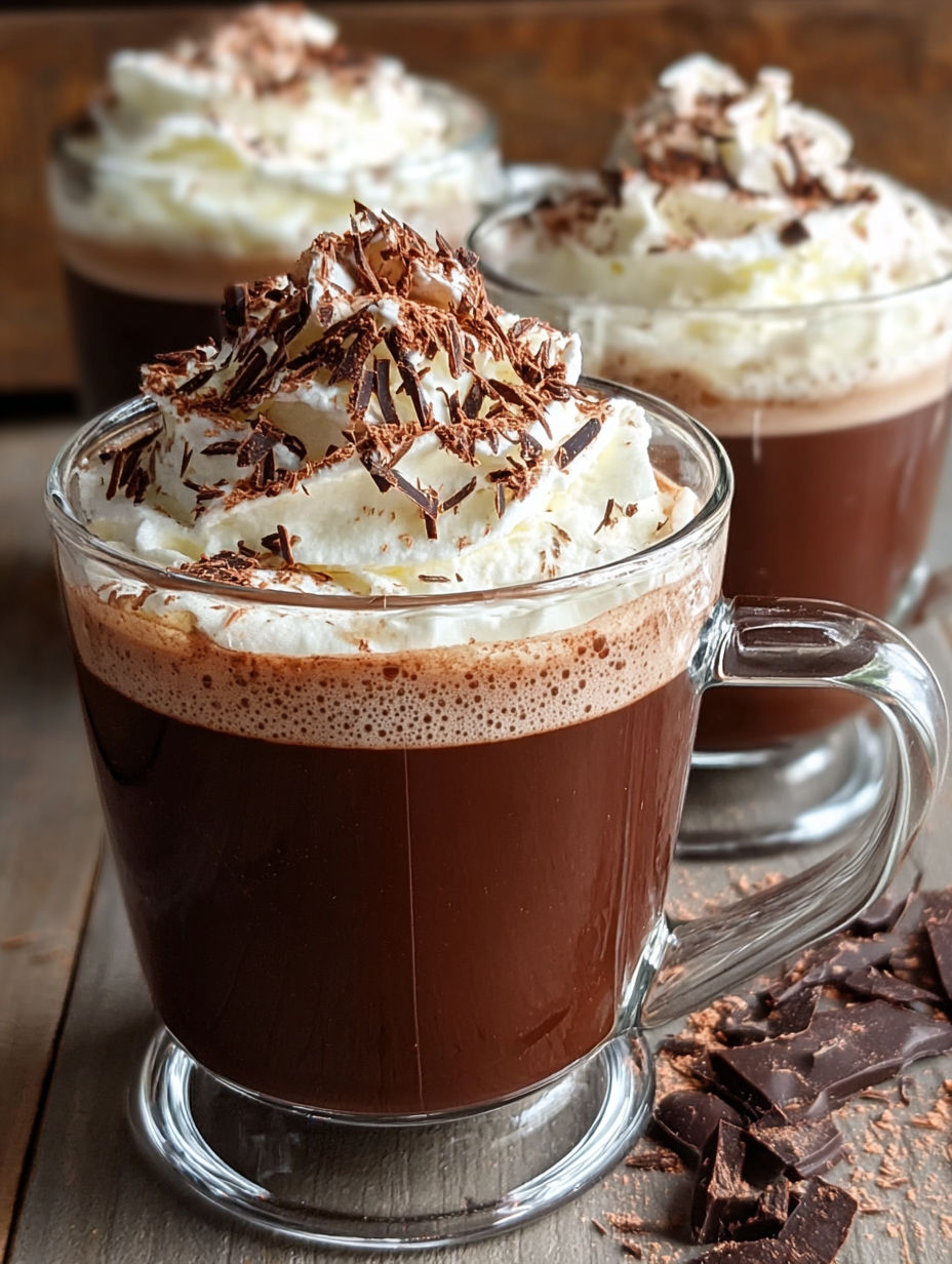A glass of Italian hot chocolate with whipped cream.