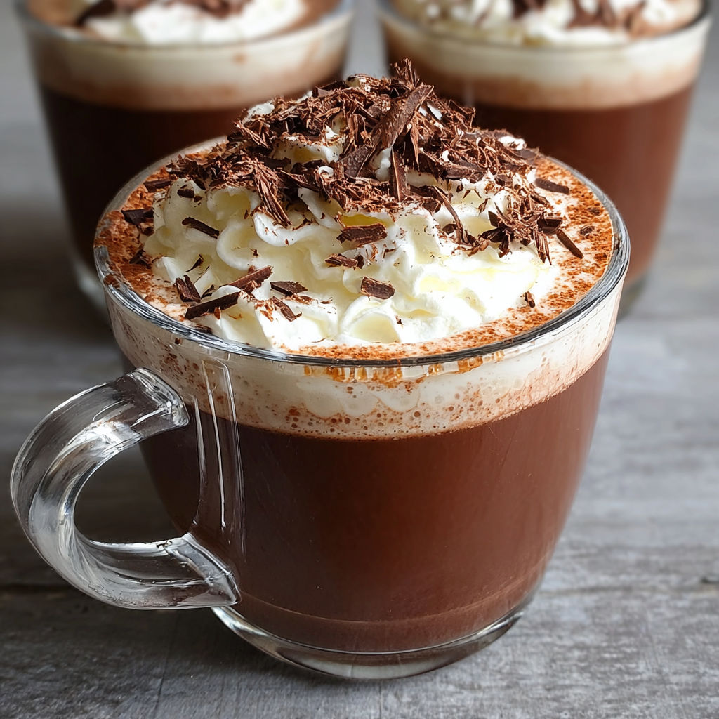 A glass of Italian hot chocolate with whipped cream on top.