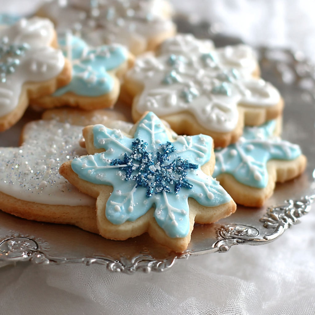 A plate of blue and white sugar cookies.