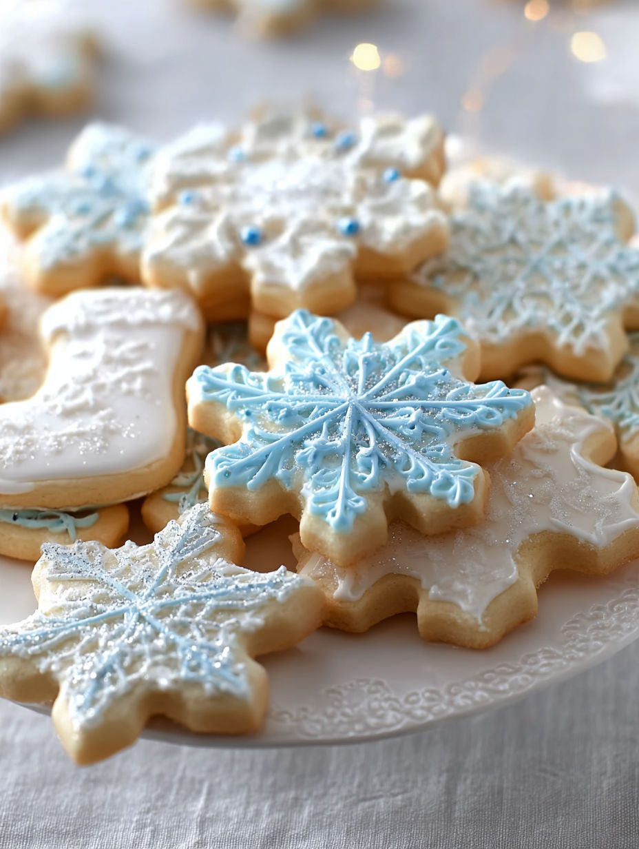 A plate of snowflake sugar cookies.
