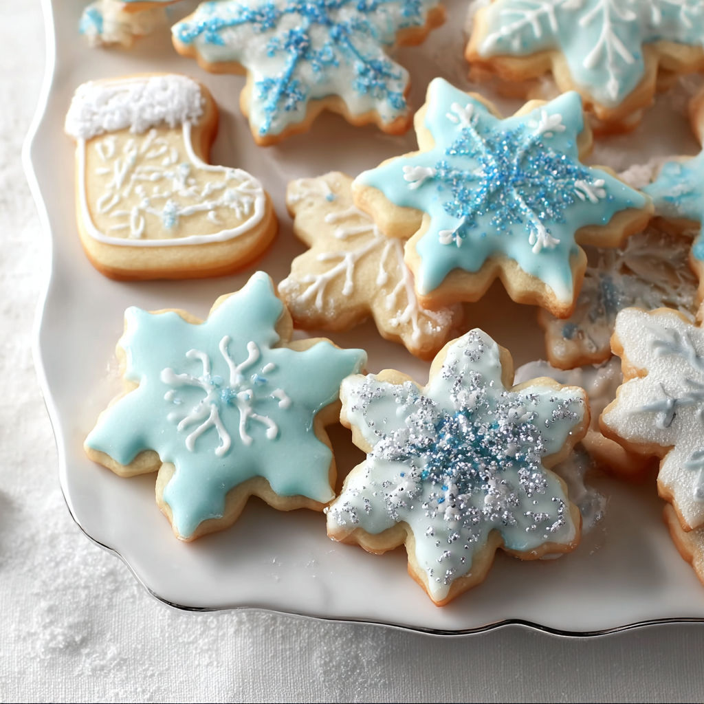 A plate of sugar cookies with blue icing and white snowflakes.