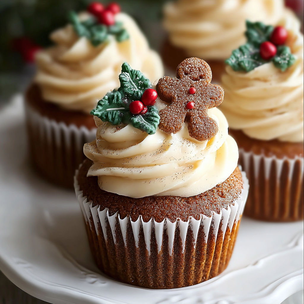 Three gingerbread cupcakes with frosting and sprinkles.
