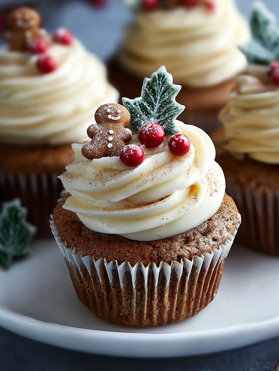 A cupcake with a gingerbread base and a white frosting topped with a red berry.
