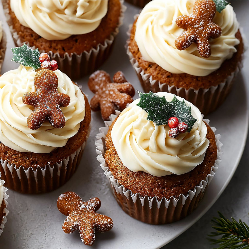 A plate of gingerbread cupcakes with frosting and sprinkles.