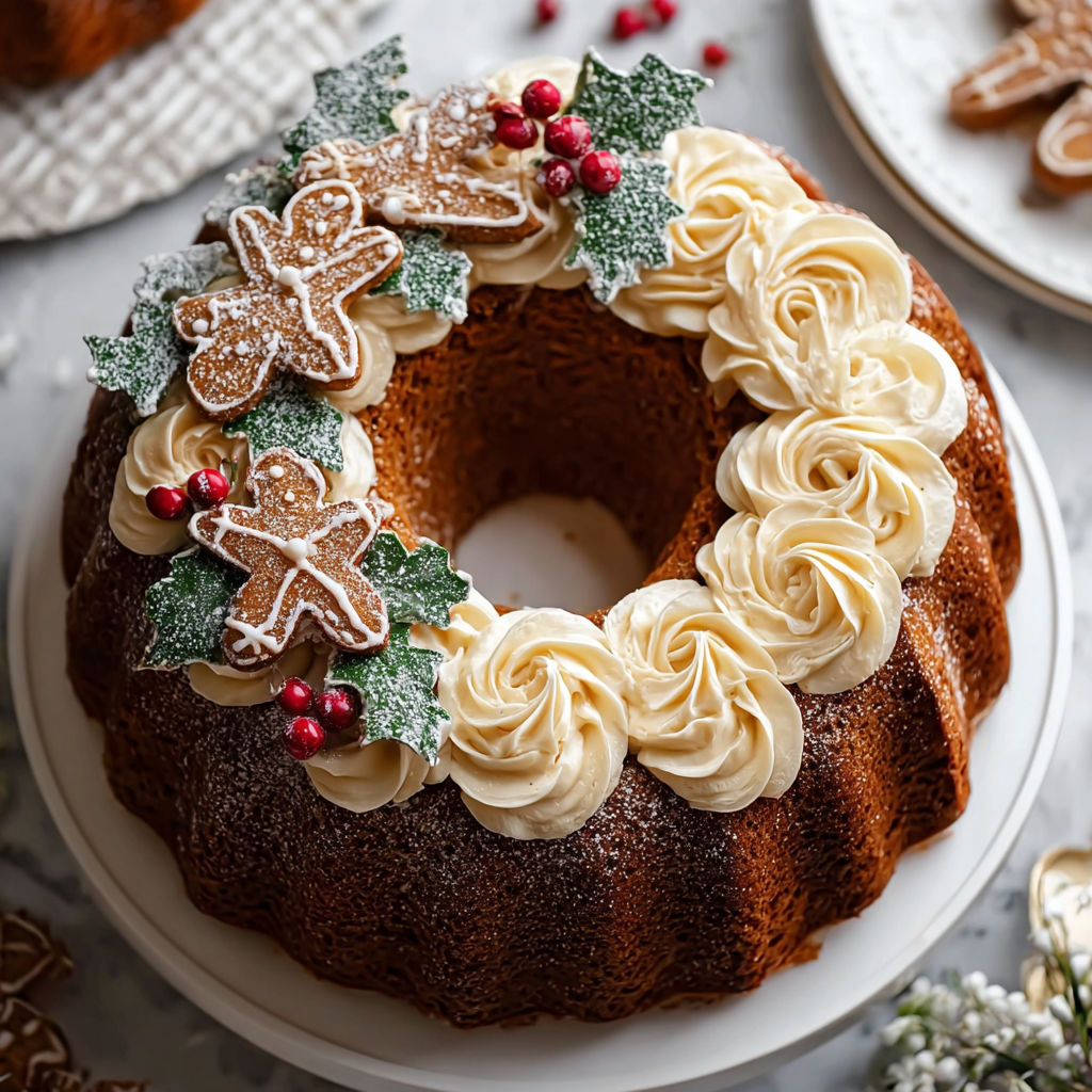 A cake with a gingerbread wreath on top.