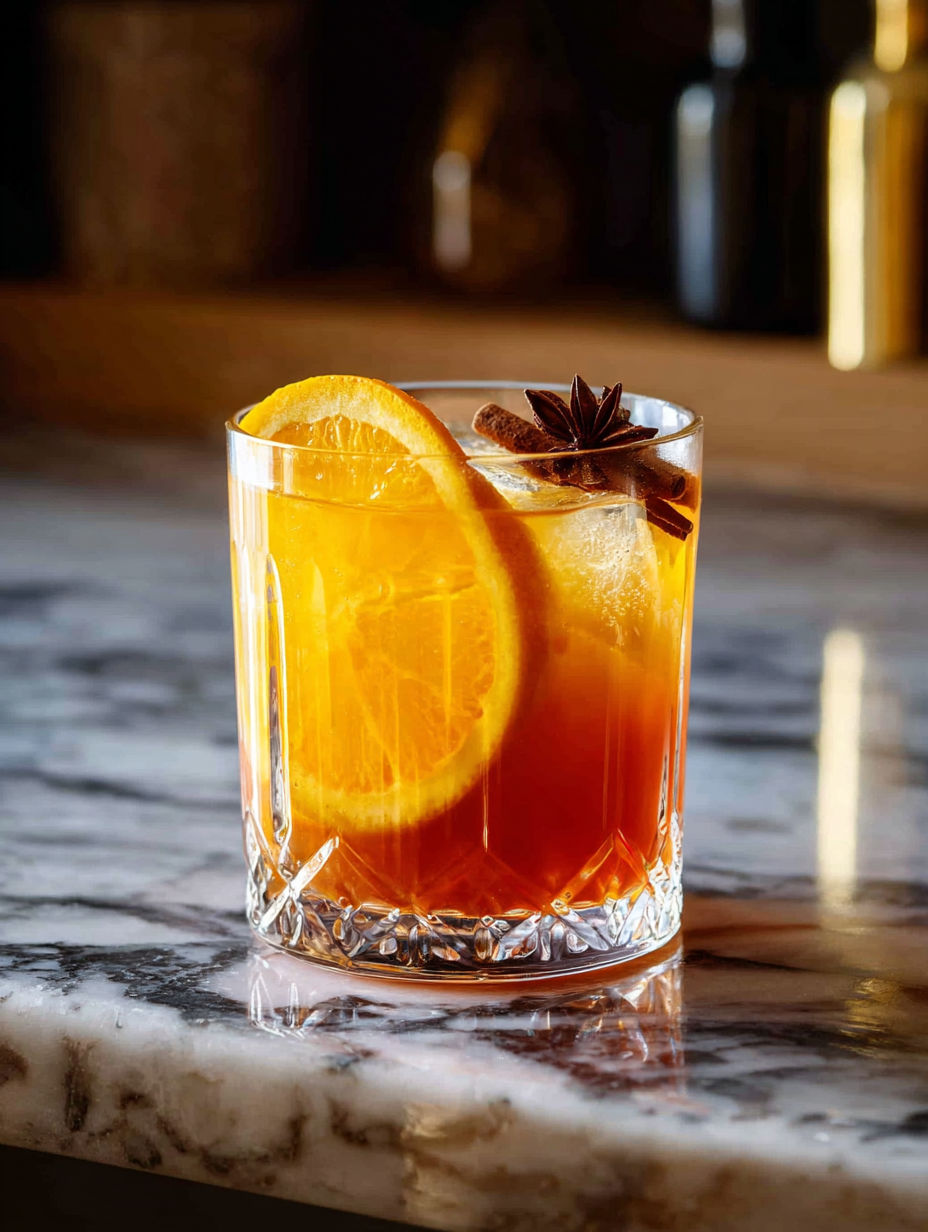 A glass of orange and clove gin cocktail.