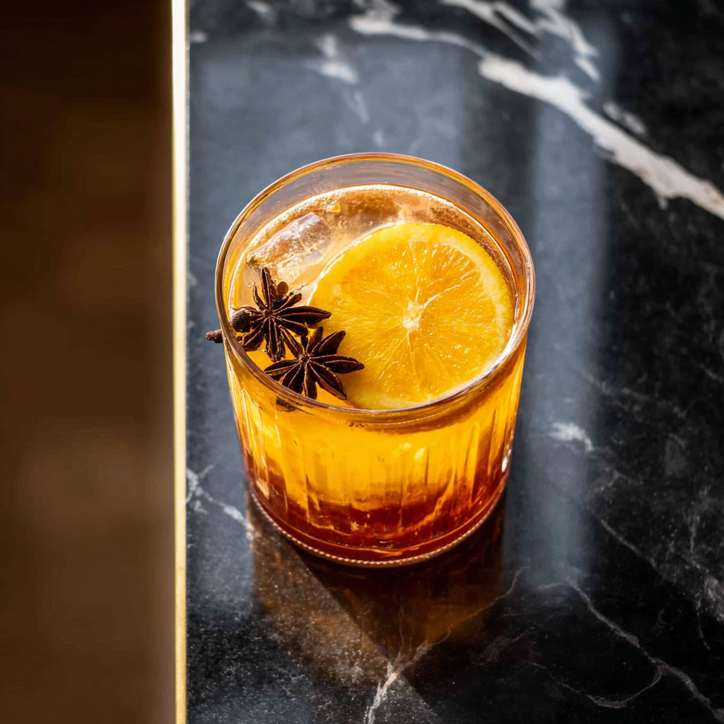 A glass of gin with a lemon and a clove.