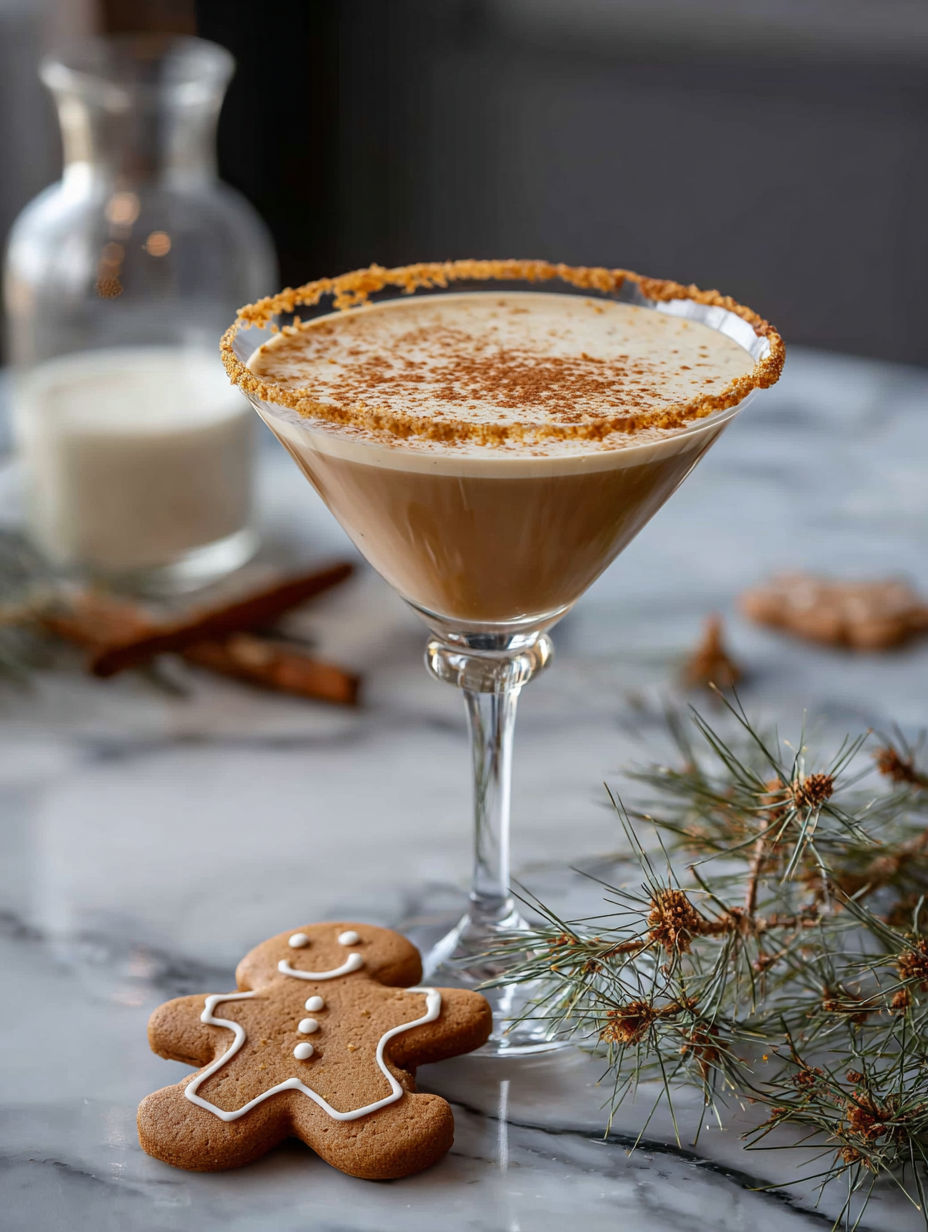 A glass of gingerbread martini cocktail.