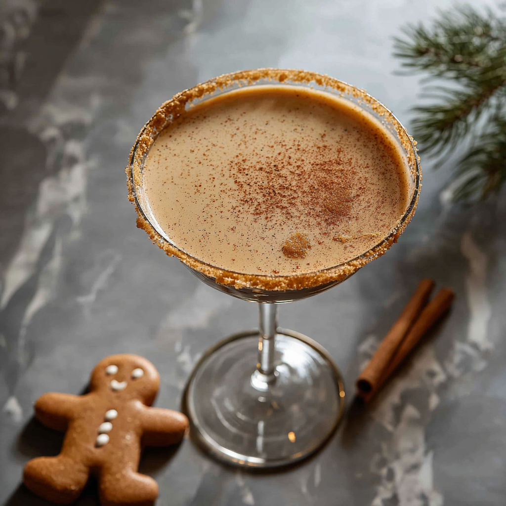 A gingerbread martini cocktail with a cookie on the side.