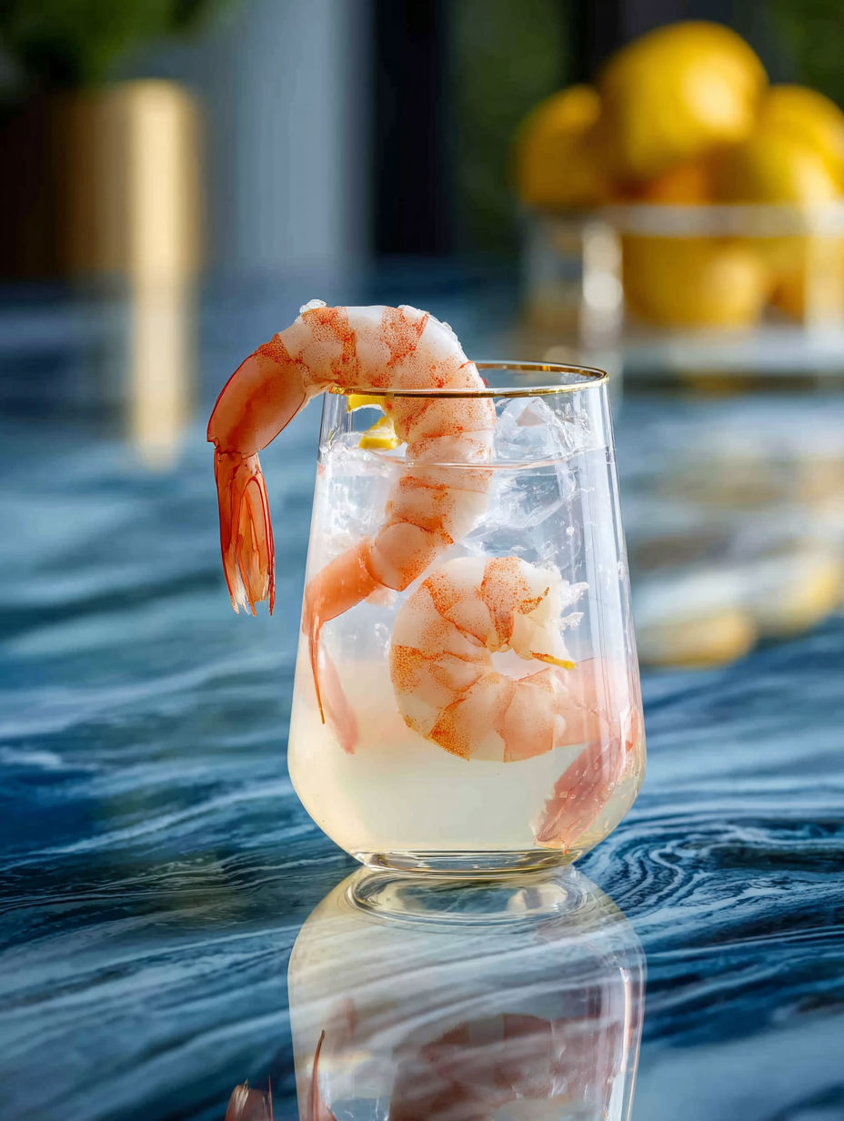 A glass of gin with a prawn in it.