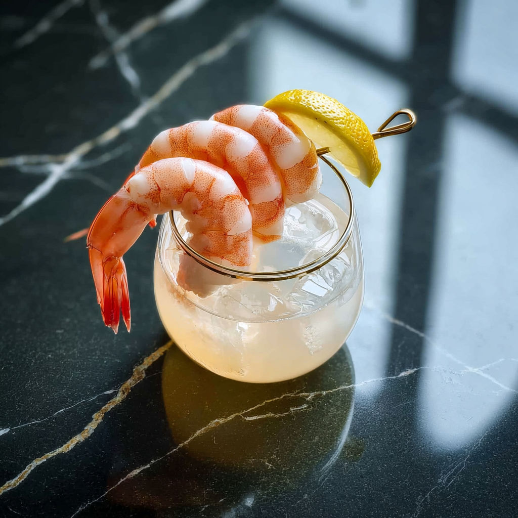A glass of gin fizz with a prawn on top.