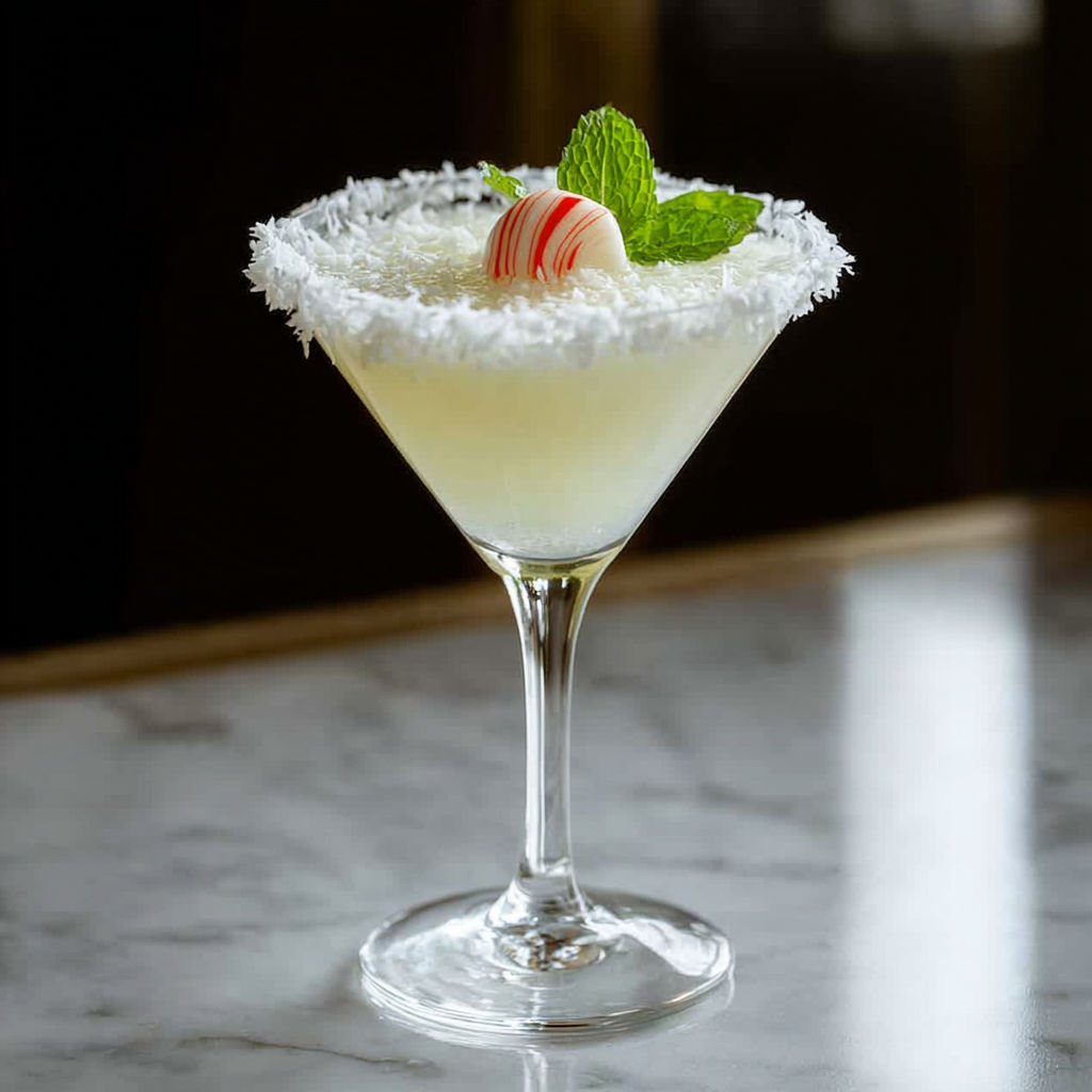 A martini cocktail with a candy cane garnish.