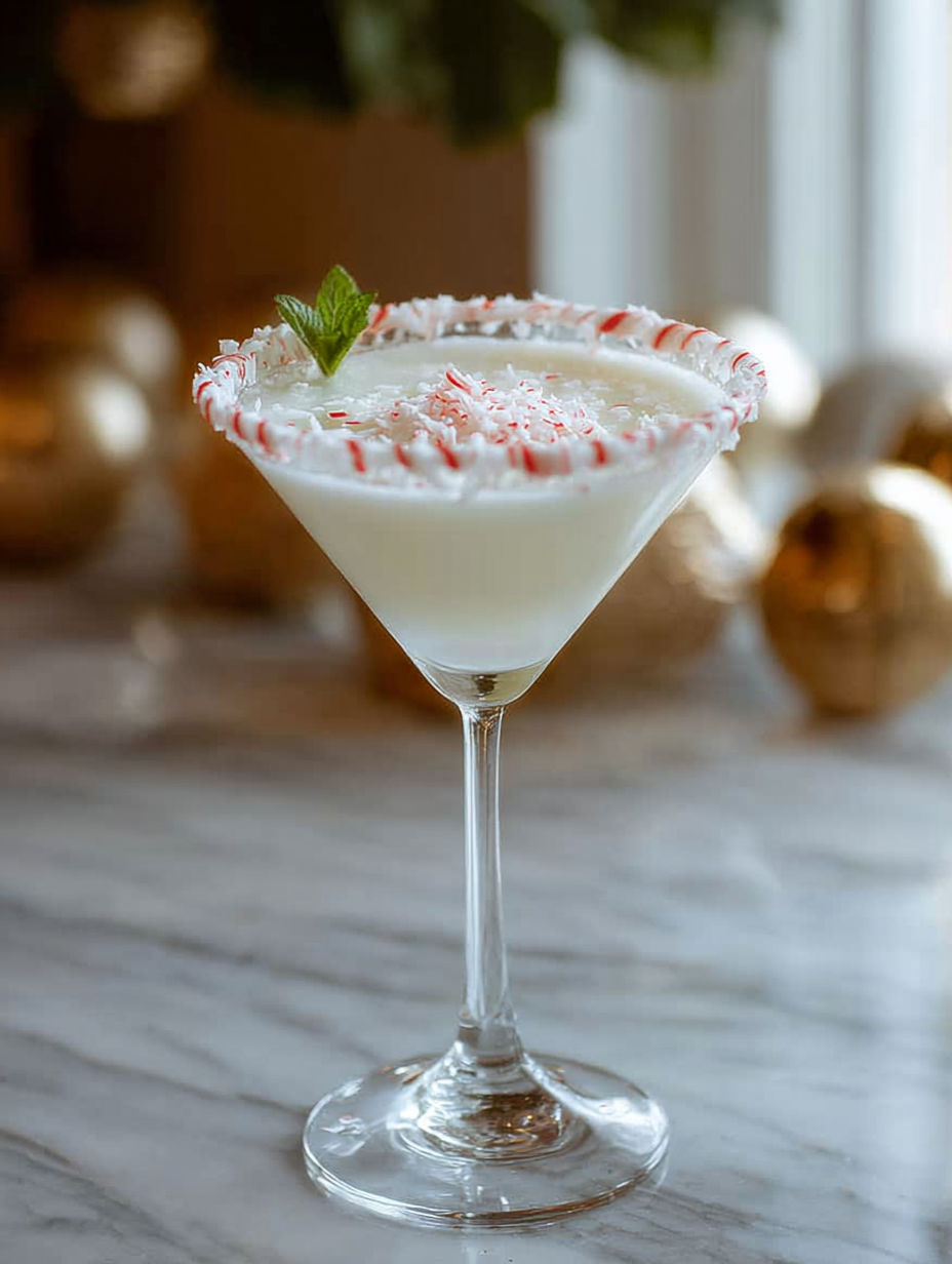 A glass of a coconut peppermint martini cocktail.
