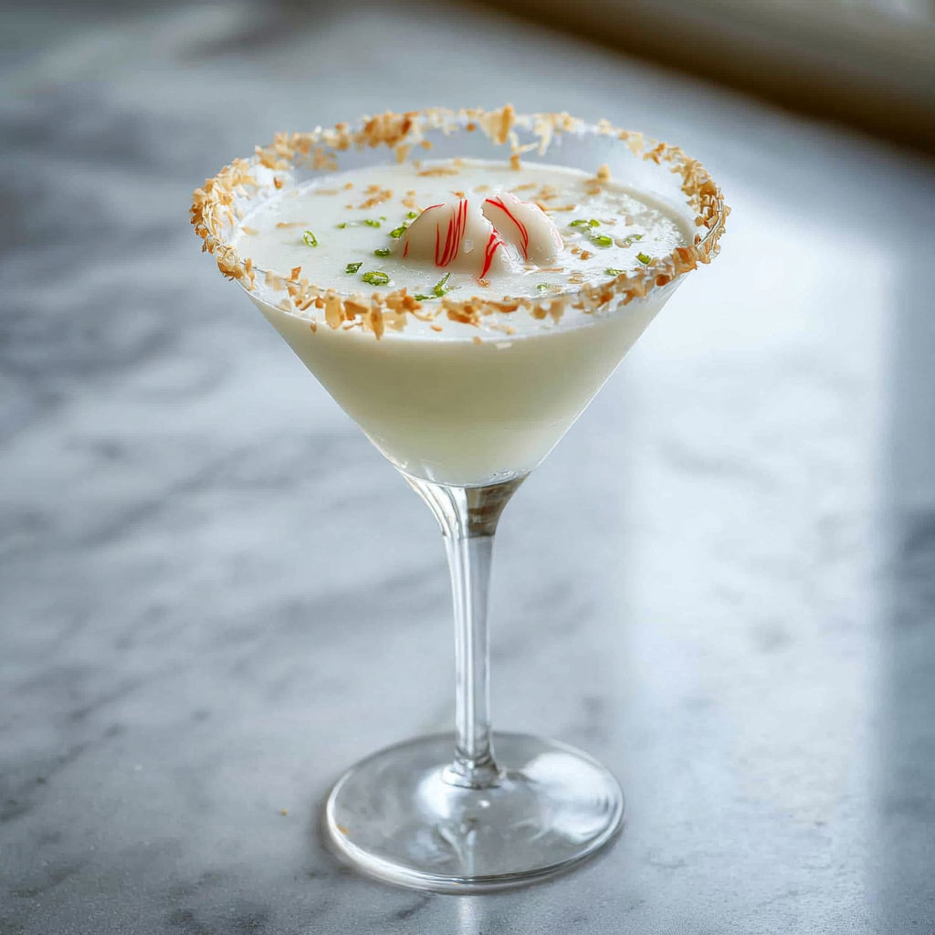 A martini cocktail with a coconut rim.