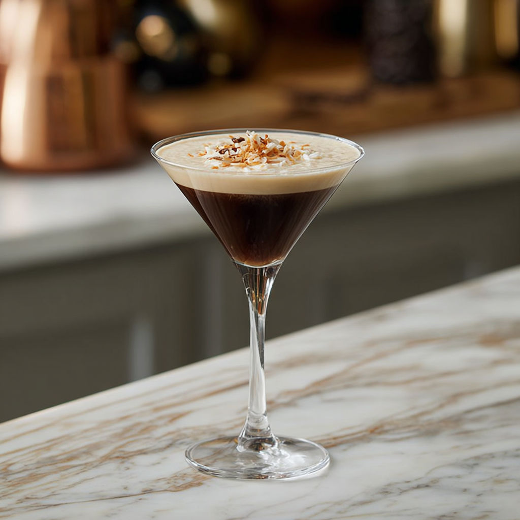 A glass of coconut espresso martini cocktail.