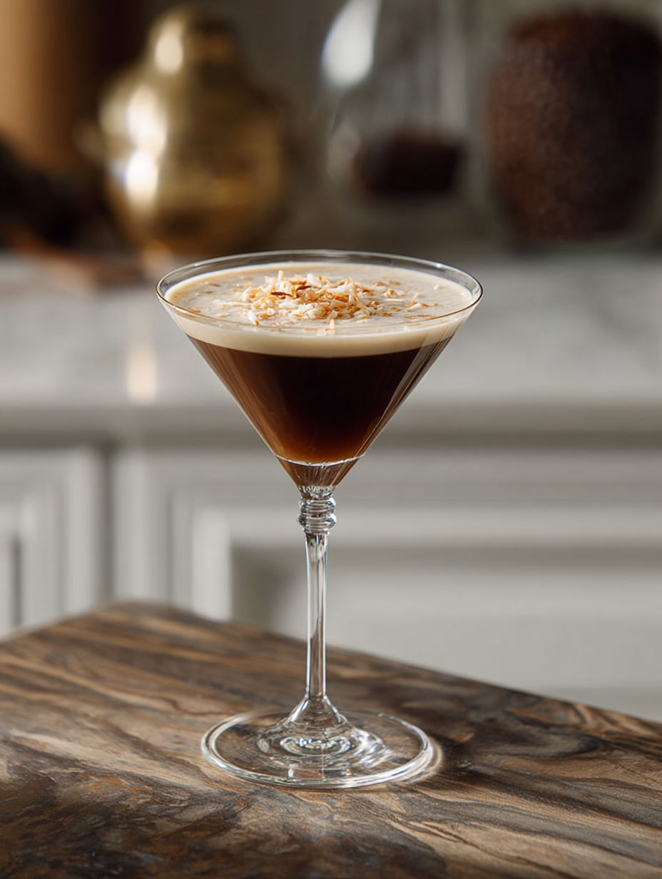 A martini glass filled with a coconut espresso drink.