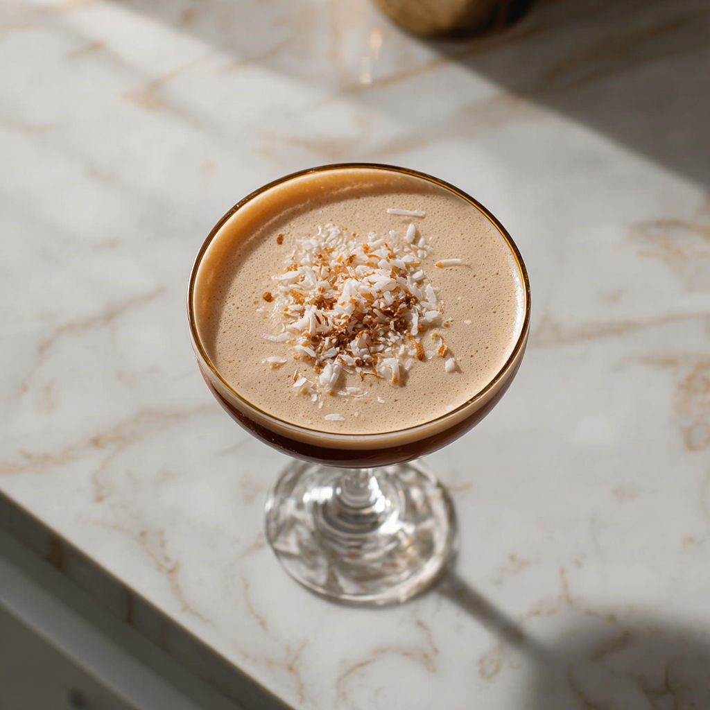 A glass of coconut espresso martini cocktail.
