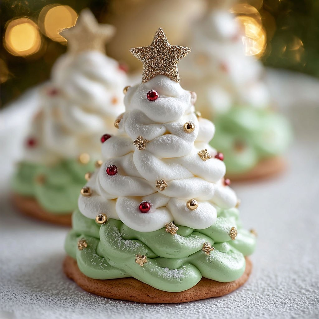 Two white and gold tree meringue cookies.