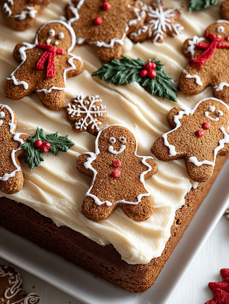 A gingerbread man sheet cake with white frosting and red decorations.