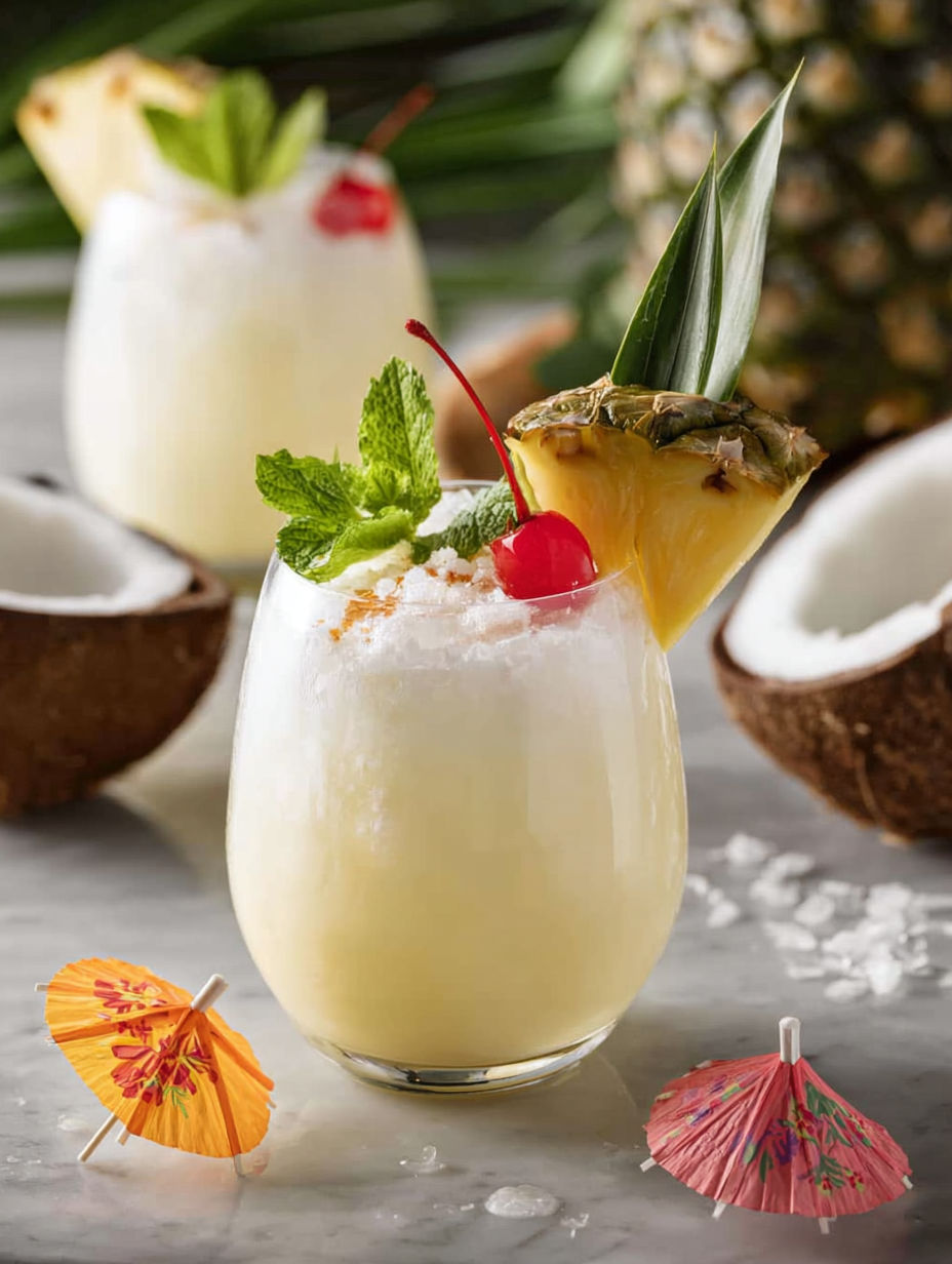 A glass of tropical coconut punch cocktail.