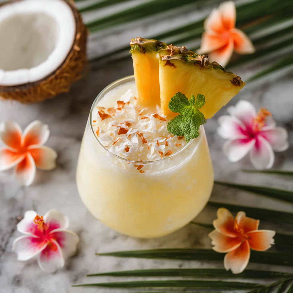 A glass of tropical coconut punch cocktail with a pineapple slice on top.