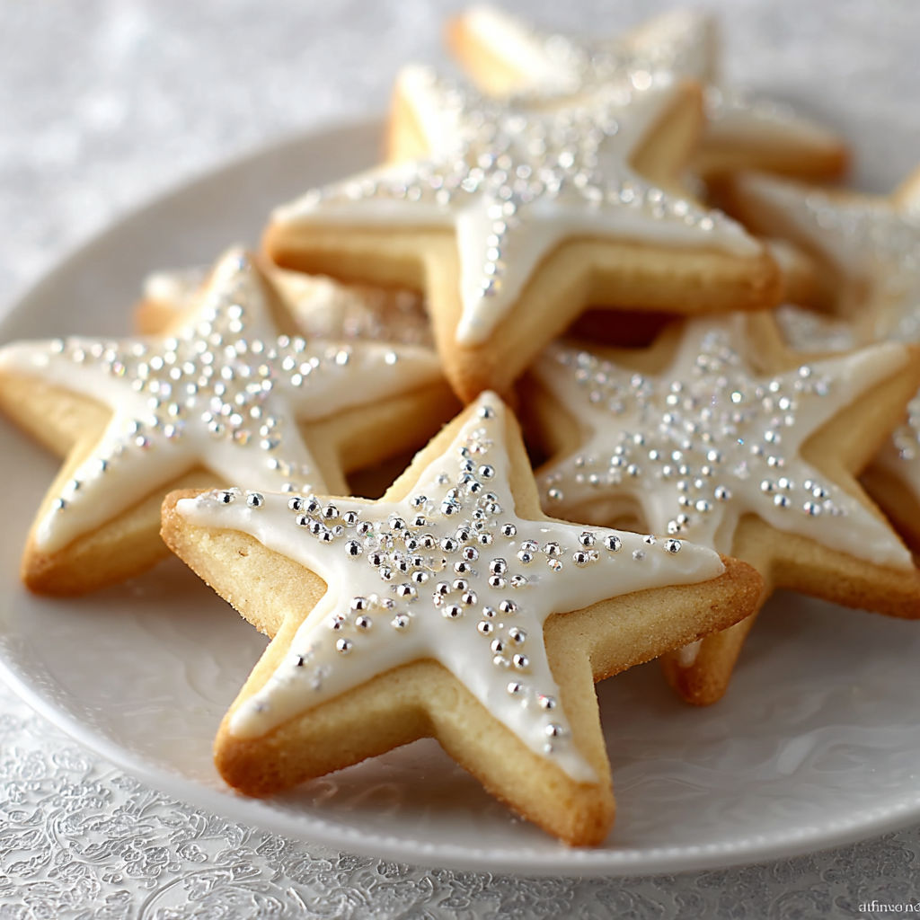 A plate of star cookies with white frosting and silver stars.