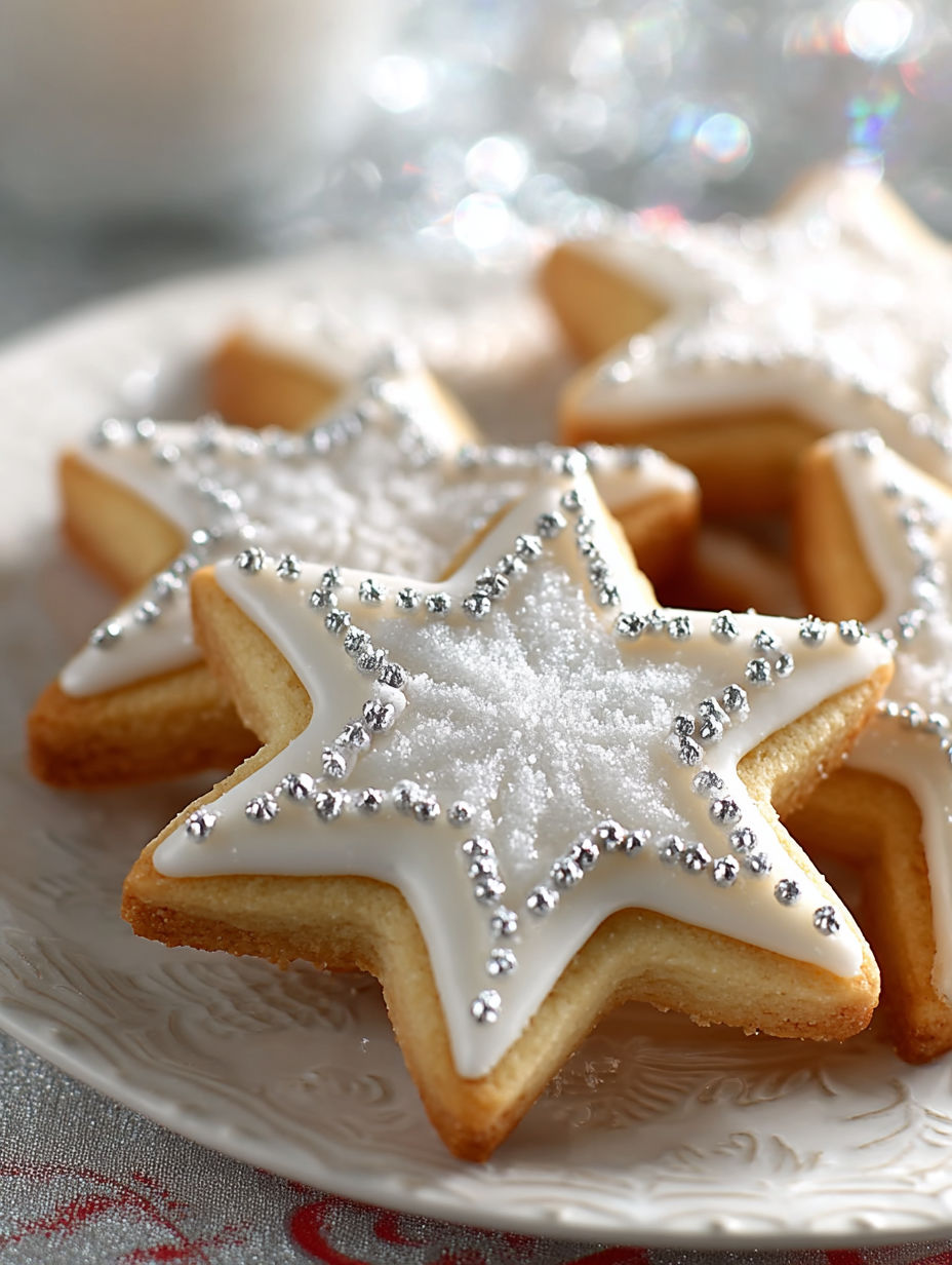 A plate of star cookies with sugar sprinkles.
