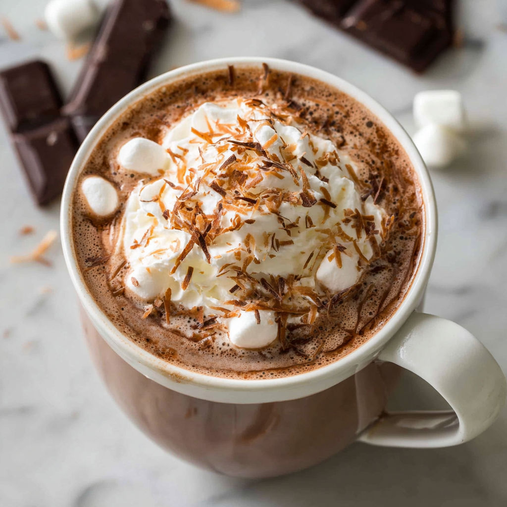 A cup of spiced coconut hot chocolate cocktail.
