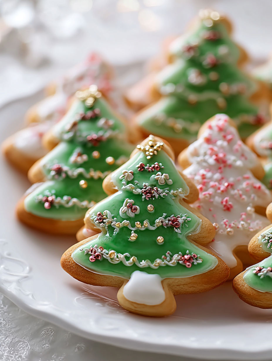 A plate of Christmas tree decorated cookies.