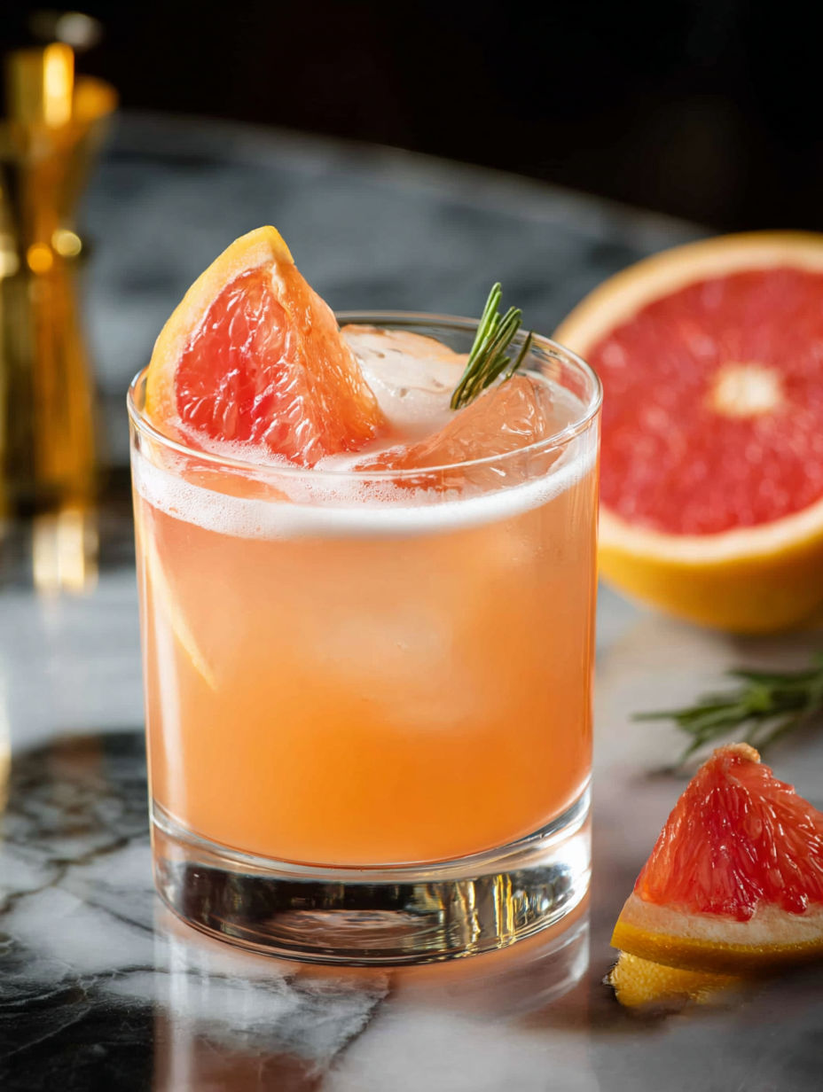 A glass of grapefruit tequila sour cocktail with a slice of grapefruit and a slice of orange.