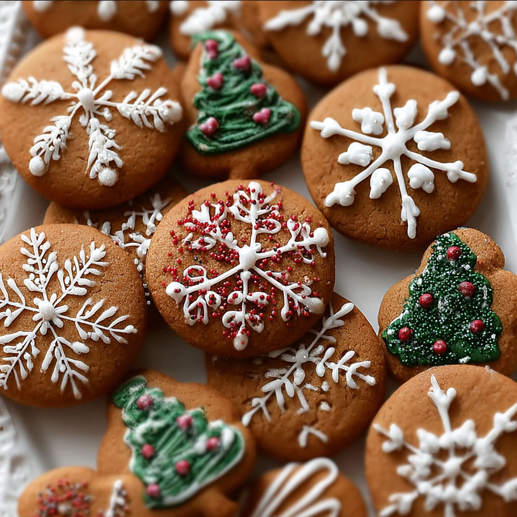 A plate of gingerbread cookies with royal icing decorations.