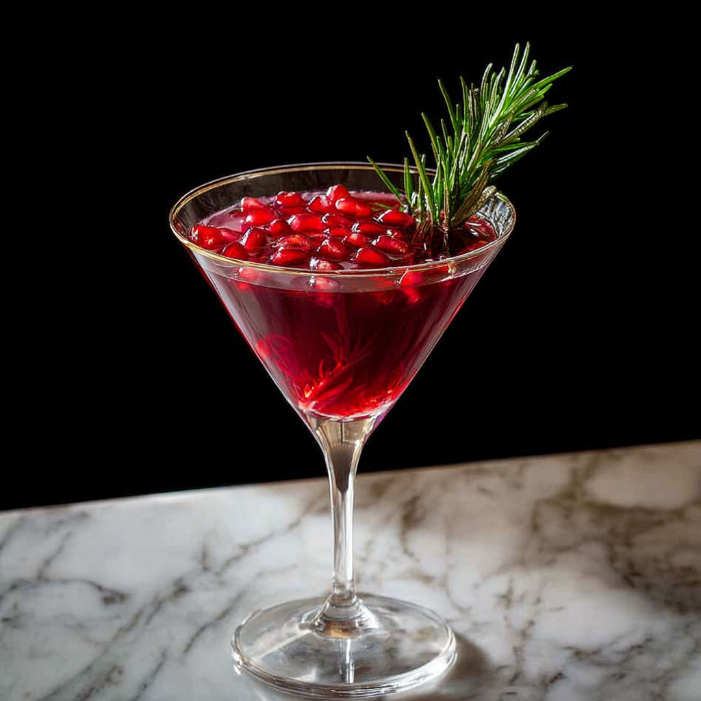 A glass of red liquid with a rosemary sprig on top.